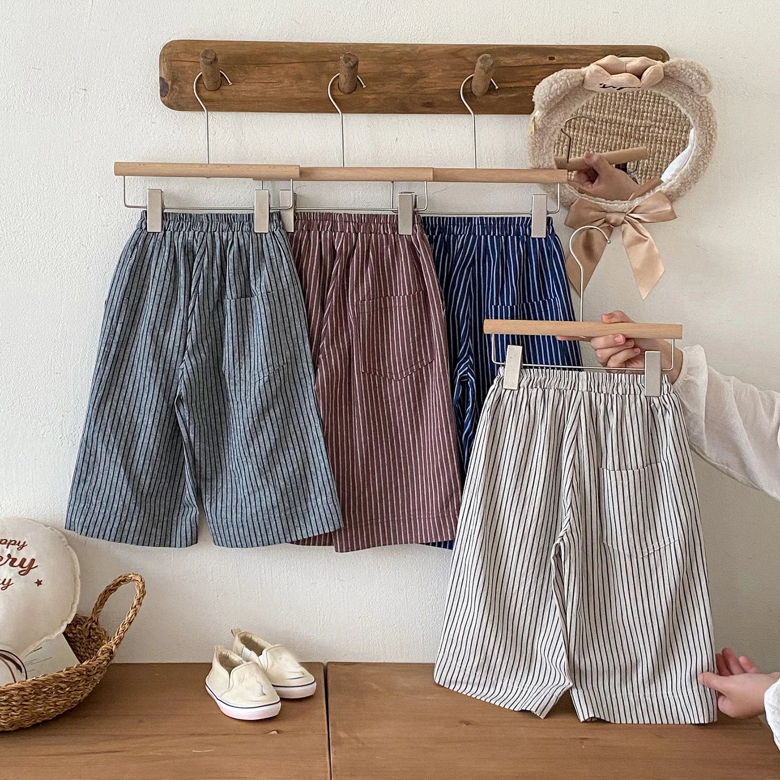 Boys Girls Linen Cotton Stripe Trousers For Children's Clothes Fall Spring Boy Loose Casual Harem Pants Kids Long Pants for 1-6T