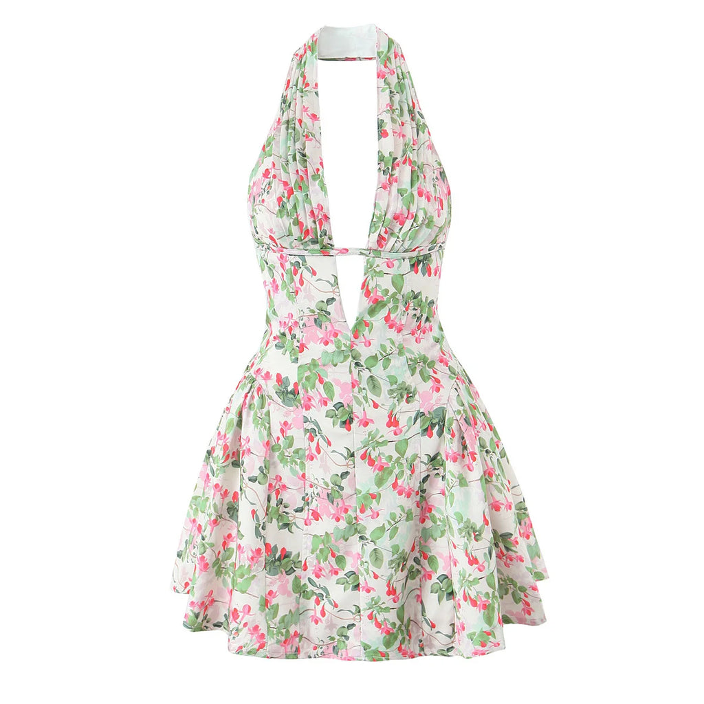 YENKYE French Style Retro Polka Dot Deep V Halter Dress Women Sexy Backless A-line Slim Sweet Elegant Mini Dresses Summer Robe