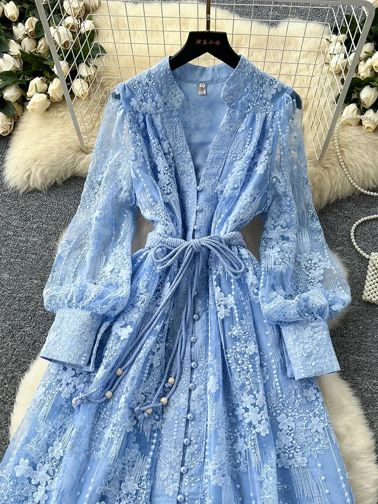 French Lace Embroidery V-Neck Lantern Sleeve Party Dress