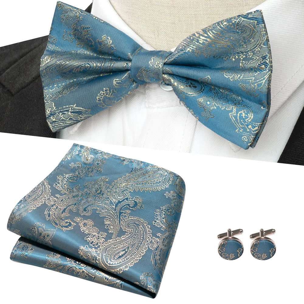 EASTEPIC New Fashion Blue Green Paisley Bow Tie Set for Men Soft Hanky Quality Cufflink Men's Accessory Wedding Present