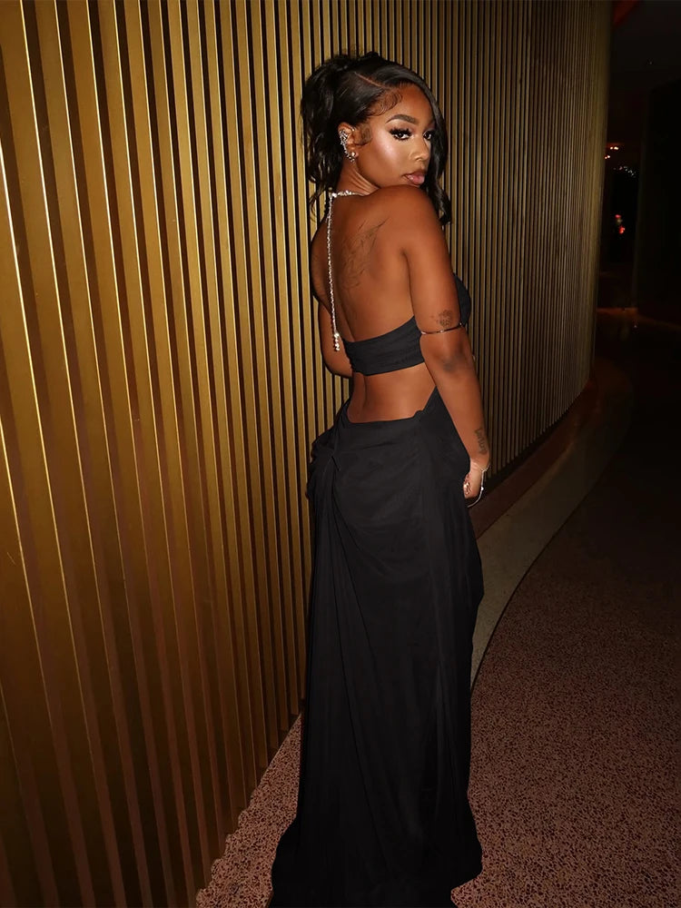 Women's Sheer Chain-Halter Backless Gown