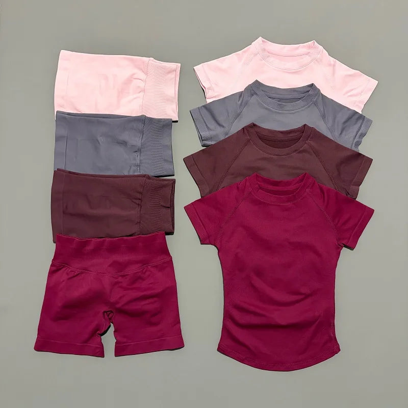 2 Pieces HISTELLO Sports Sets Short Sleeve Seamless Yoga Top Fitness Set Women Workout Running Sports Shorts Gym Suit