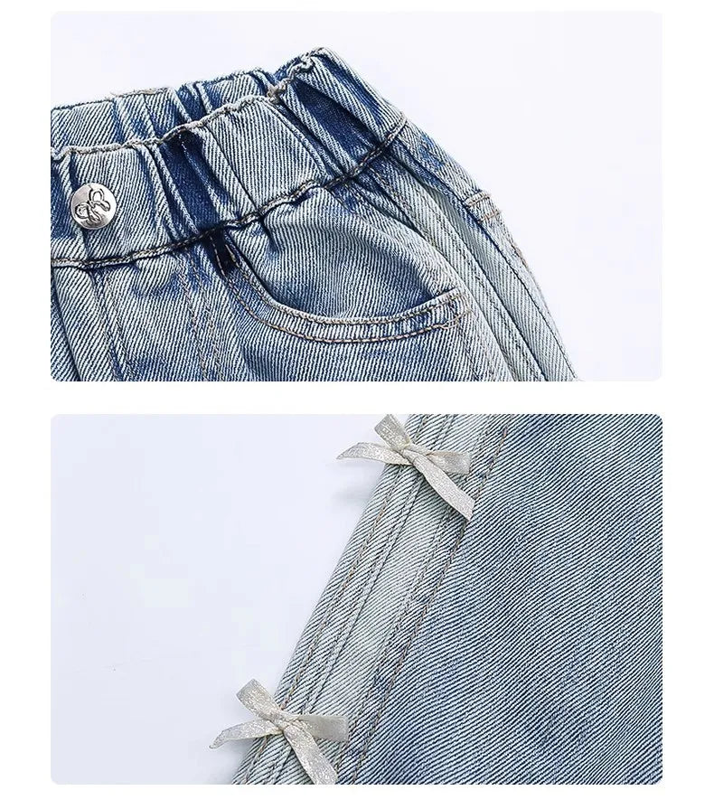 Baby Girls Spring Jeans Kids Summer Bow Denim Pants Children's Straight Wide-leg Trousers Toddler Autumn Loose Clothing 2-8Y