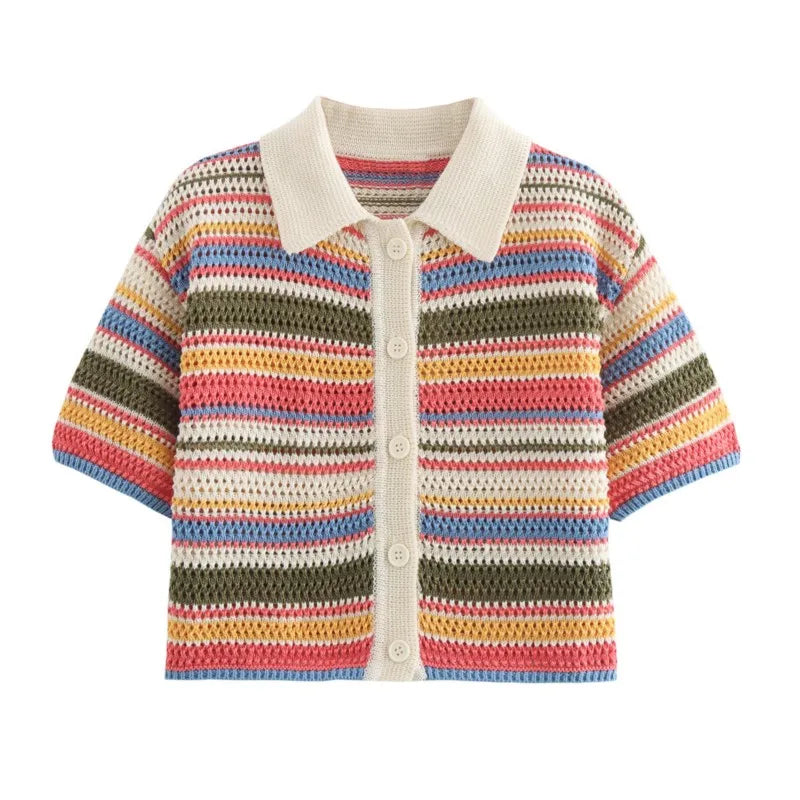 Y2K Crochet Knit Crop Sweater & Shorts Set – Patchwork Stripe