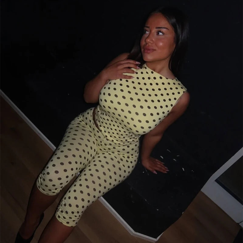 Women Pant Set Polka Dot Backless Sleeveless Crop Top Capri Slimming Pants Sexy Party Two Piece Set Club Fashion Trendy Outfits