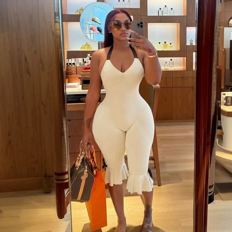 Joskaa Bowknot Decorate Halter Apricot Jumpsuit Women Hipster Sexy V-neck Backless Bandage Skinny Rompers Beach Holiday Clubwear