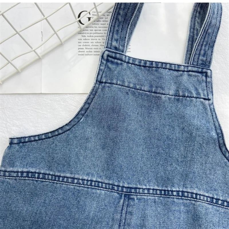 2025 Boys Overalls Girls Denim Backpack Children Solid Colour Pocket Trousers Kids Simple Fashion Casual Pant 2-8 Years Old