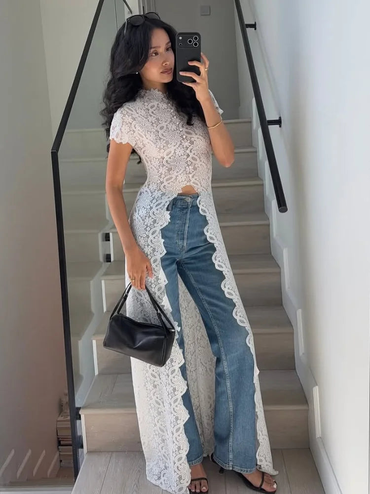 White Lace Embroidery Pant Suit Women Stand Neck Sleeveless Hollow-out Waist Cinching See Through Set Lady Summer Sheer Outfit