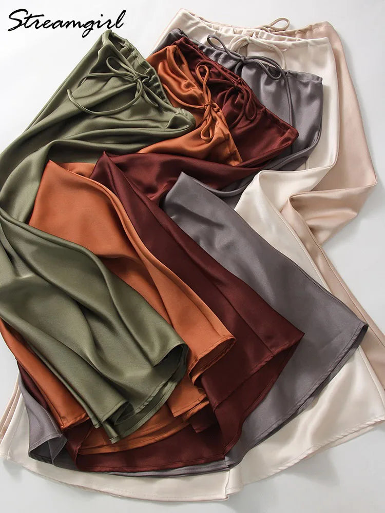 Brown Long Satin Skirts Women Luxury Maxi Autumn Summer High Waist Silk Black Skirt Long Straight Shining Beige Satin Skirt Maxi