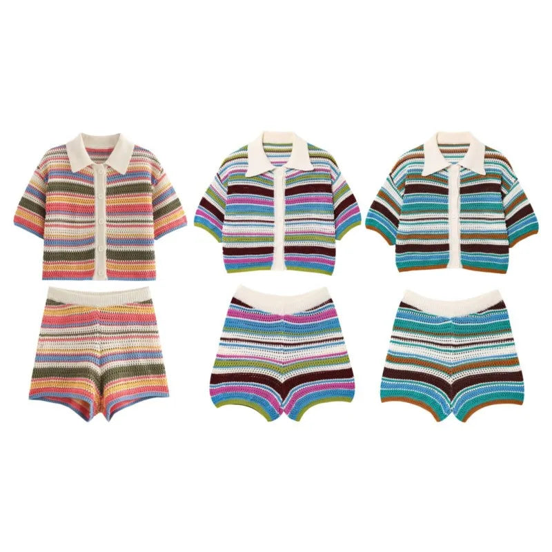 Y2K Crochet Knit Crop Sweater & Shorts Set – Patchwork Stripe