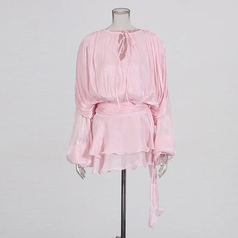 Loose Lace-Up V-Neck Ruffle Tunic Dress – Long Sleeve