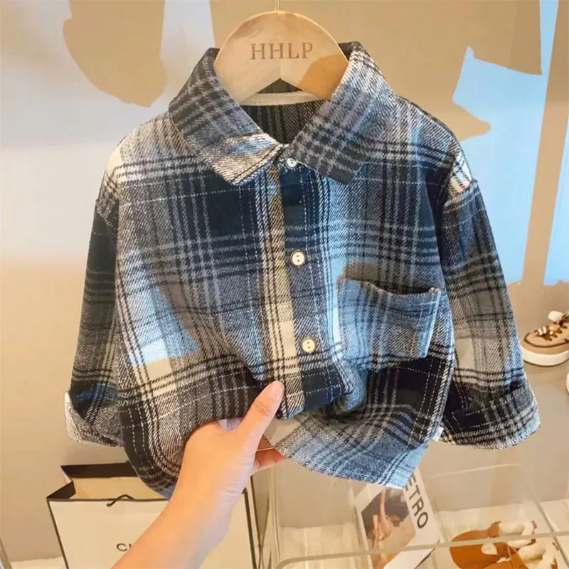 Kids' Retro Plaid Lapel Shirt – Boys & Girls Long Sleeve