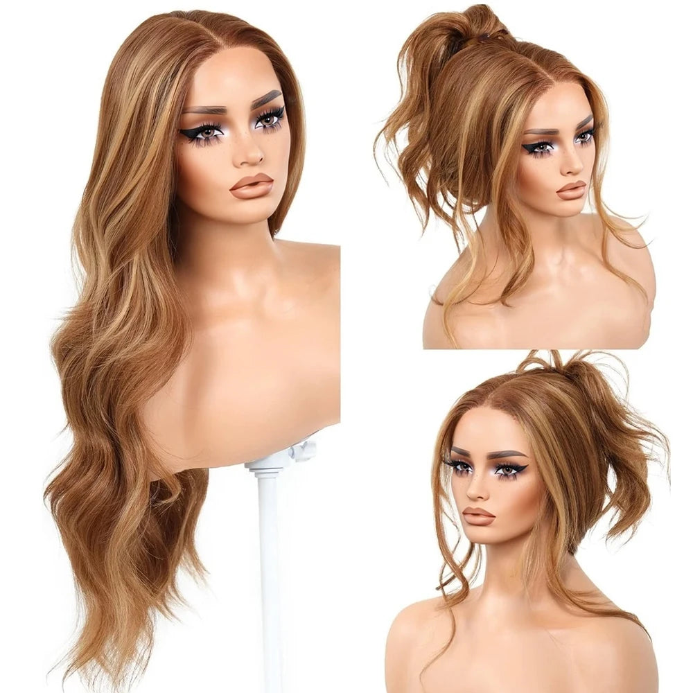 200% Balayage Blonde Highlight 13x6 Lace Front Wig Body Wave Wig Synthetic HD Ombre Honey Blonde Mixed Color Lace Frontal Wig