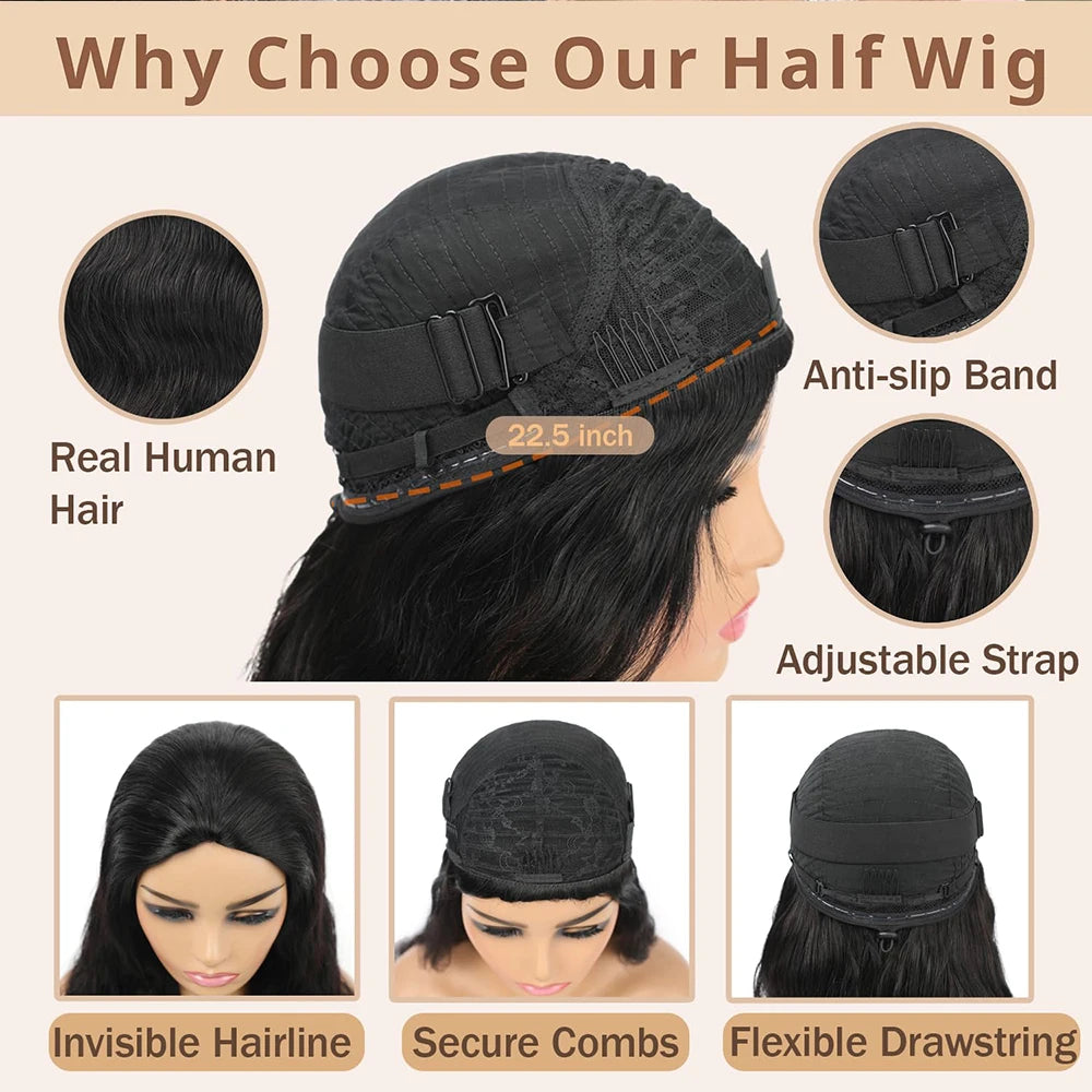 Body Wave Half Wigs Human Hair Glueless Wig Human Hair Ready to Wear 3 IN 1 Half Wig With Drawstring 250 Density Half Wigs