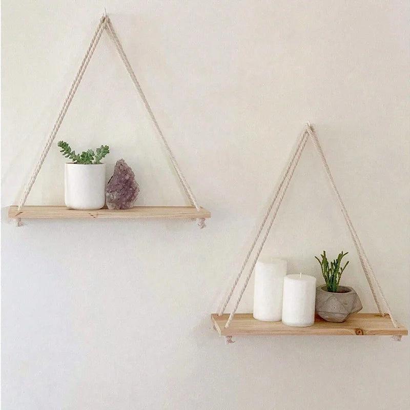 Wooden Hemp Rope Hanging Wall Shelf – Boho Home Decor