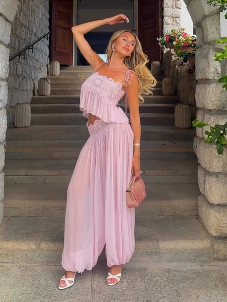 Women Pink Lace Mesh 2 Piece Outfit Straps Floral Cropped Cami High Waist Wide Leg Trousers Set Bohemian Seaside Holiday Suit