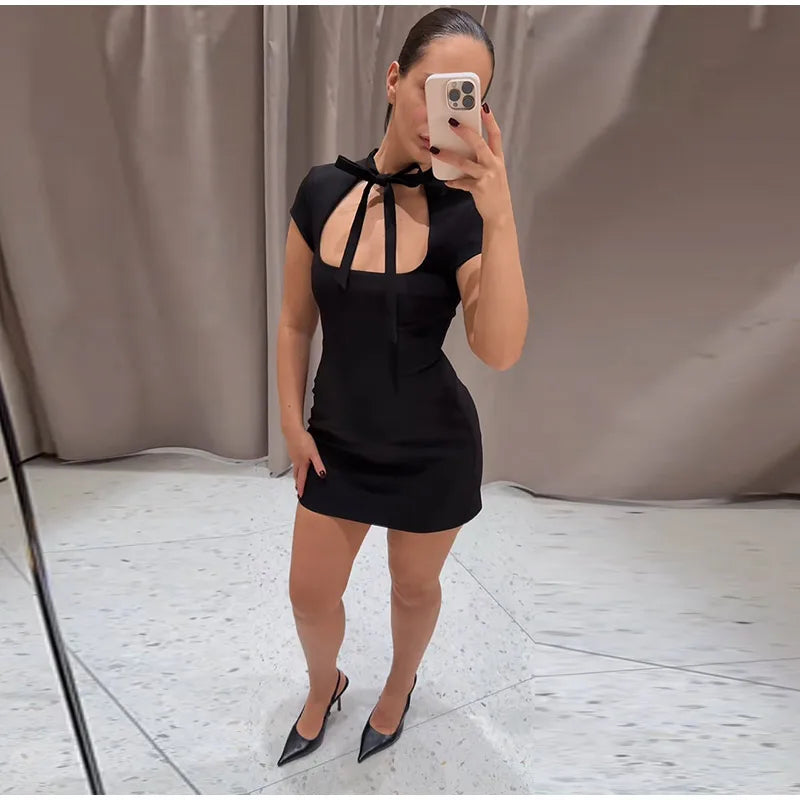 Polka Dot Lace-Up Satin Mini Party Dress – Square Collar