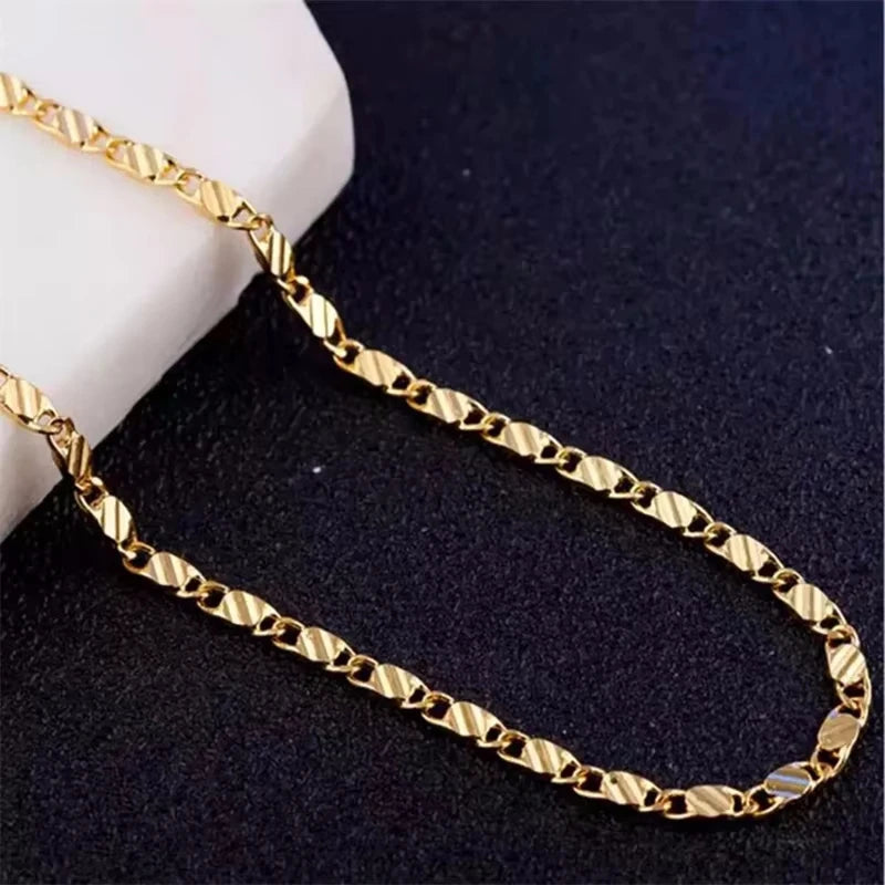 Fashion 18K Gold Necklace 2MM 16/18/20/22/24/26/28/30 Inch Side Chain Necklace For Women Men Jewelry 925 Silver Necklace