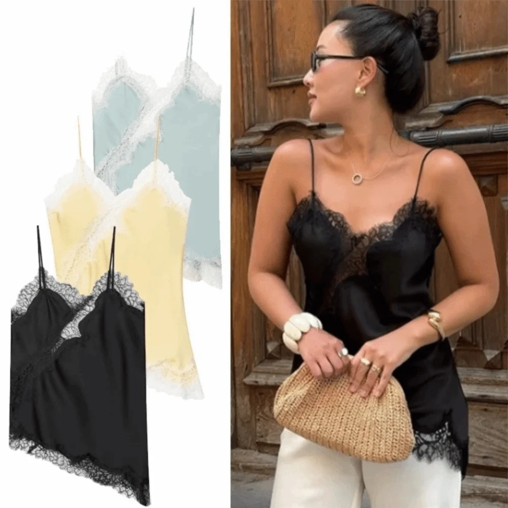 Elegant Asymmetrical Lace Lace Patchwork Top Sleeveless Backless Camisole Tops V Neck Sexy Lace Women tank top Summer Wear