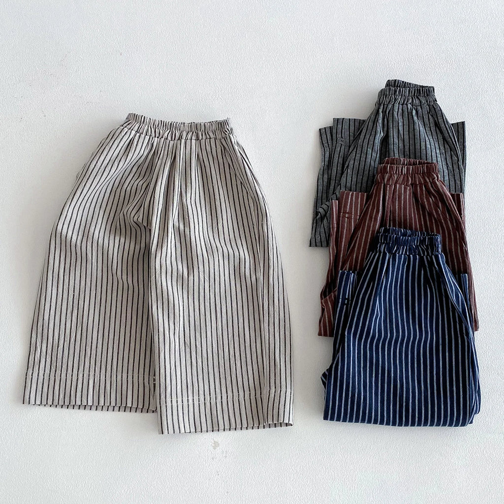 Boys Girls Linen Cotton Stripe Trousers For Children's Clothes Fall Spring Boy Loose Casual Harem Pants Kids Long Pants for 1-6T