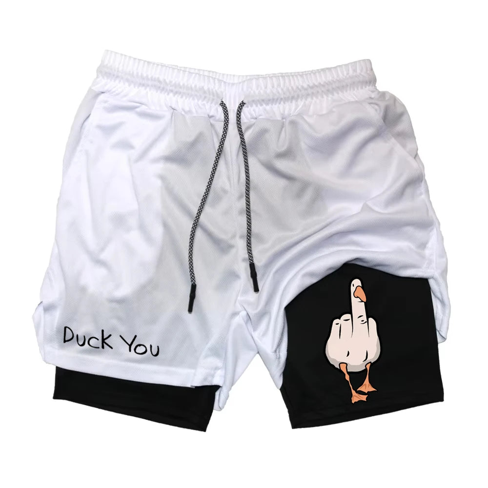 Cartoon Duck Print Men's Shorts Summer Double Layer Letter Print  Quick Drying Pants Fitness Tracksuit Beach Short Pants RL0358