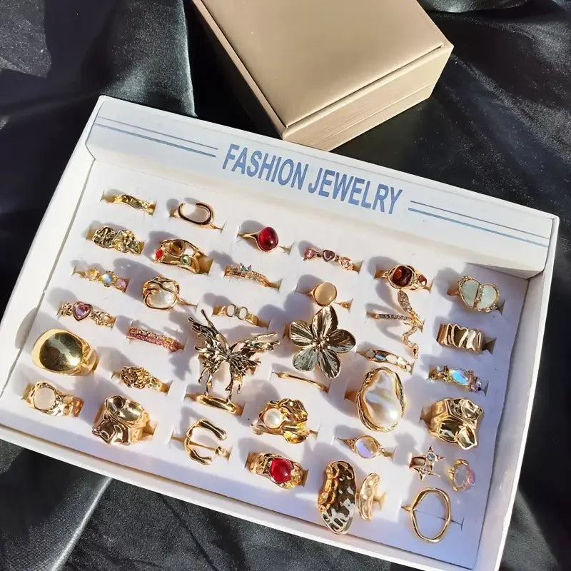10/20/30Pieces Fashion Imitation Pearl Flower Open Rings Set For Women Mix Style Colorful Rhinestone Finger Jewelry