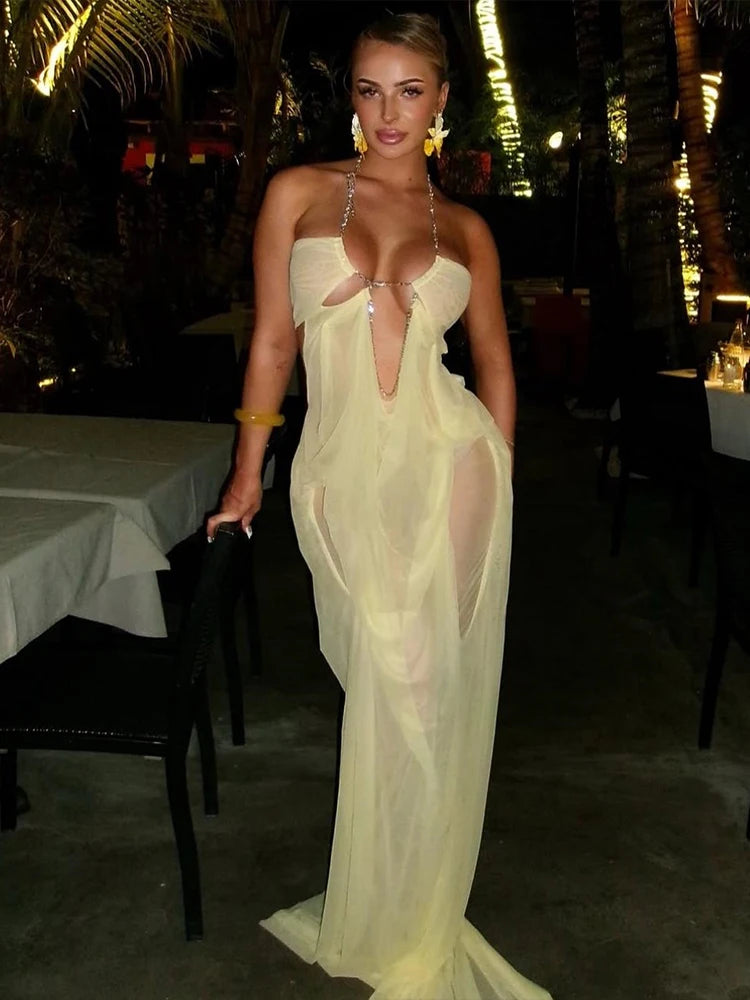 Women's Sheer Chain-Halter Backless Gown