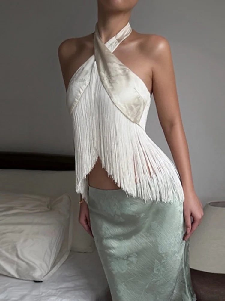 Printed Satin Long Tassel Top Elegant Sleeveless Halter Neck Backless Cross Wrap Cropped Tops 2026 Summer Women Vintage Outfits