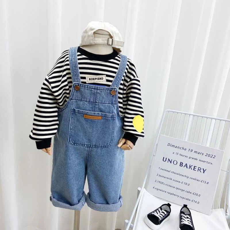 2025 Boys Overalls Girls Denim Backpack Children Solid Colour Pocket Trousers Kids Simple Fashion Casual Pant 2-8 Years Old