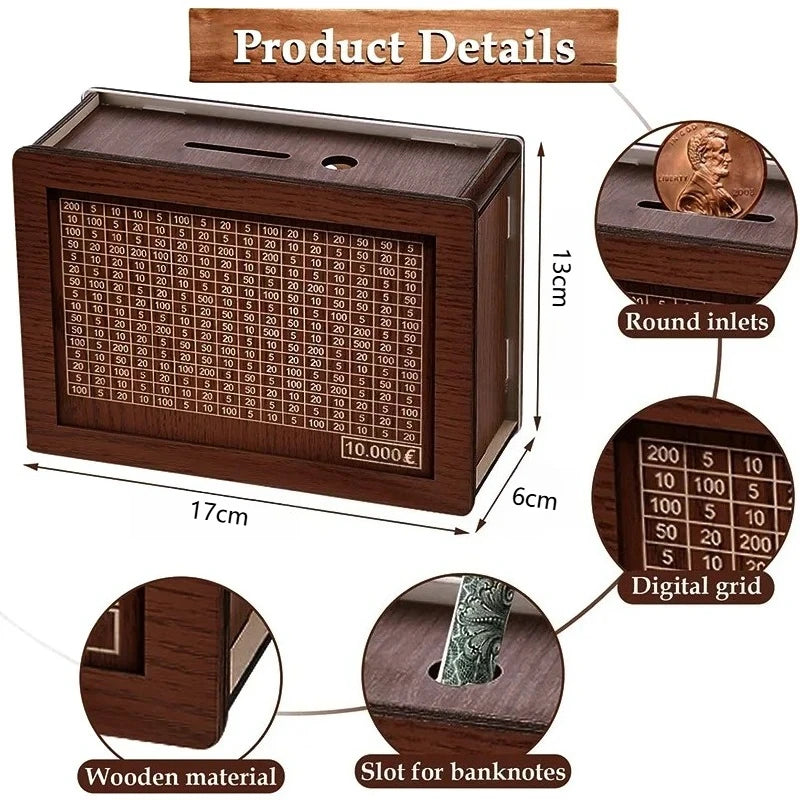 Wooden Savings Challenge Box – 1K to 10K Money Vault