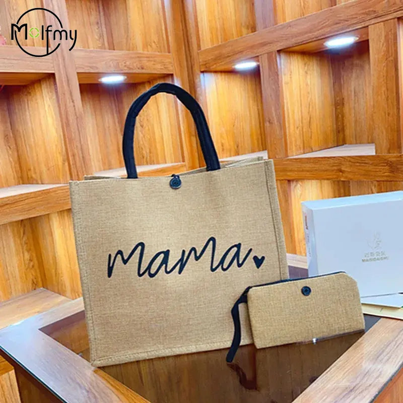 2 Pcs Linen Tote Bag Large Capacity Canvas Handbag Shopping Bags Makeup Bag Coin Purse for Wedding Birthday Gift  Beach Vacation