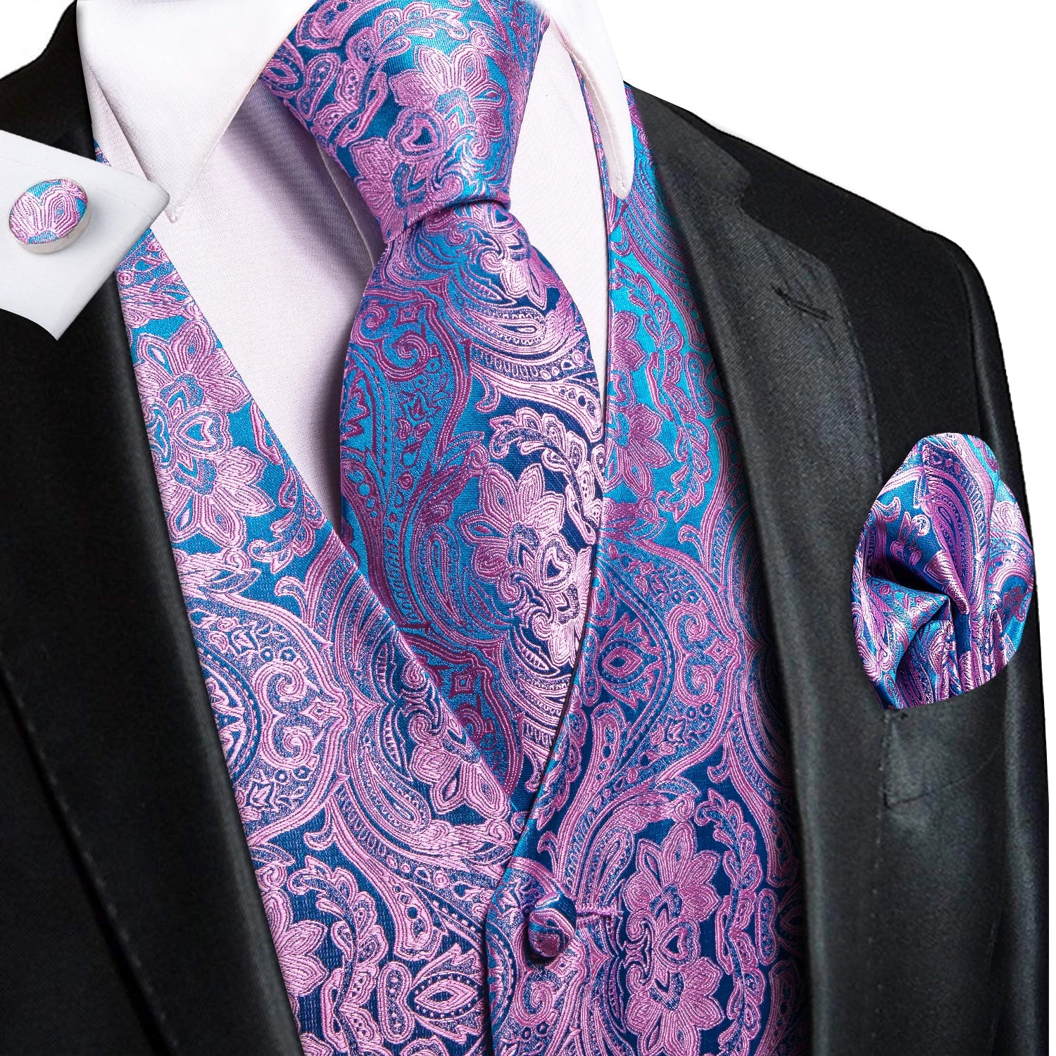 Wedding Purple Men Vest Paisley Floral Necktie Handkerchief Cufflinks Sets Blue Green Red Male Sleeveless V-Neck Waistcoat Party