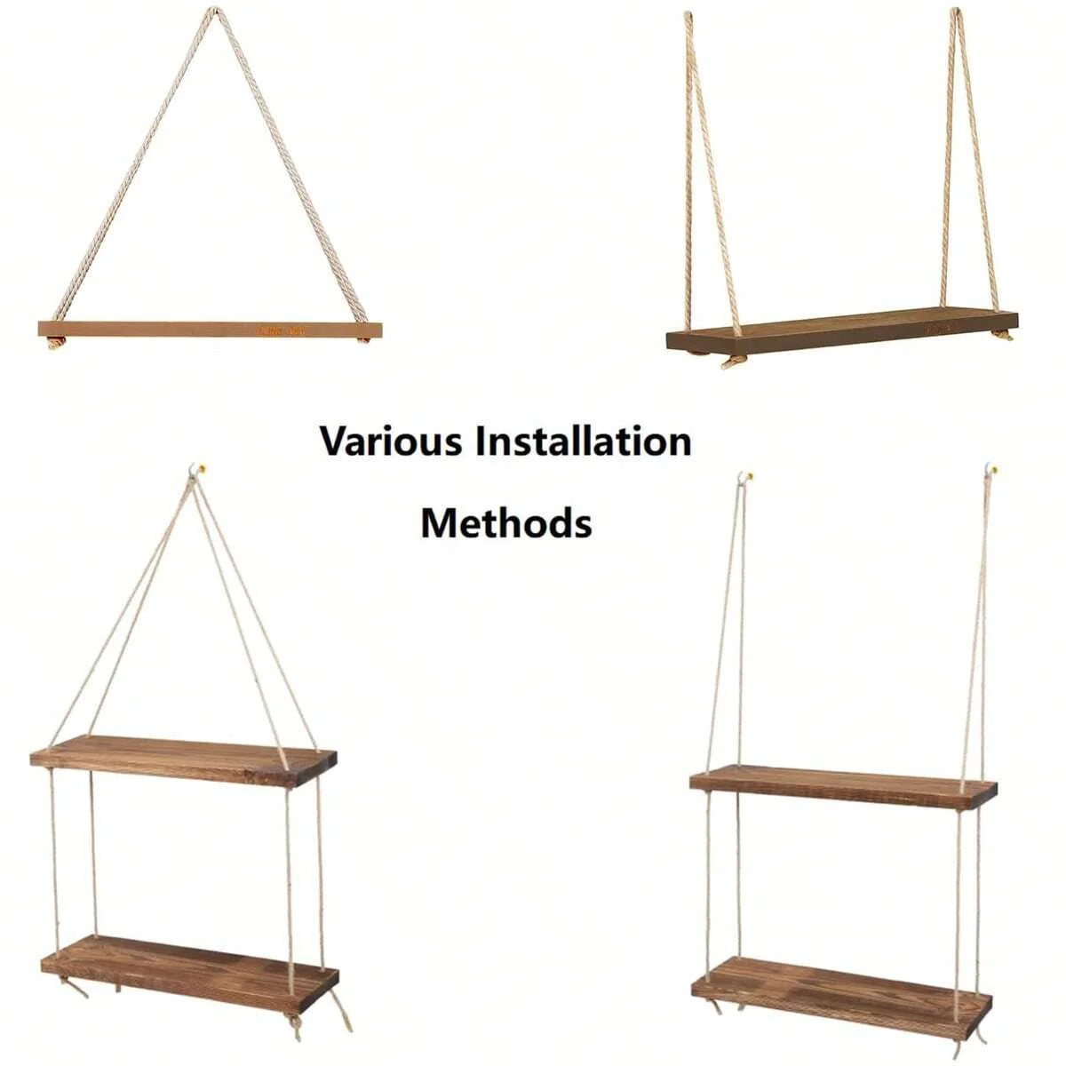 Wooden Hemp Rope Hanging Wall Shelf – Boho Home Decor