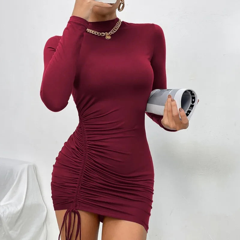 Women's Ruched Drawstring Long Sleeve Dress