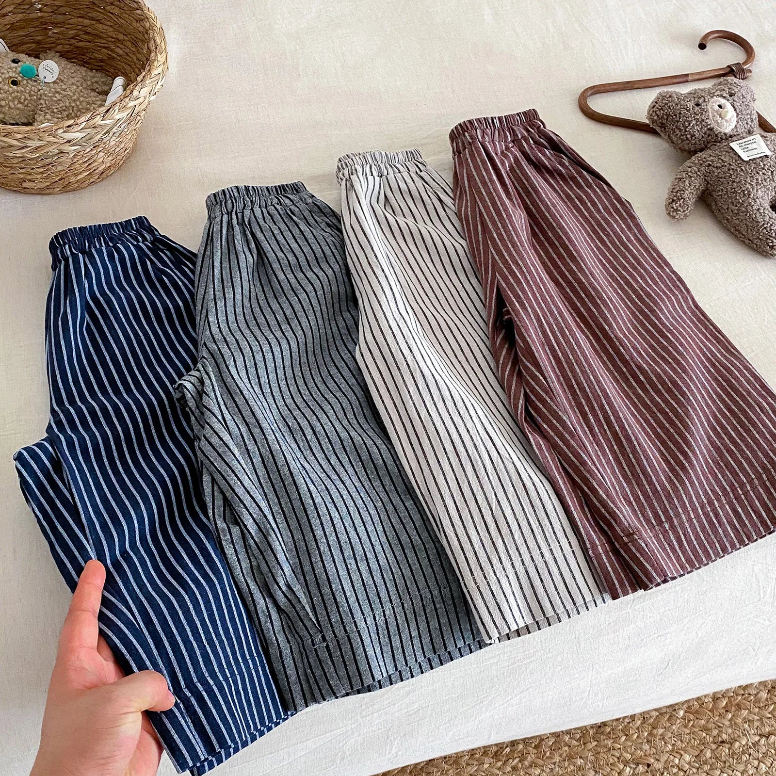 Boys Girls Linen Cotton Stripe Trousers For Children's Clothes Fall Spring Boy Loose Casual Harem Pants Kids Long Pants for 1-6T