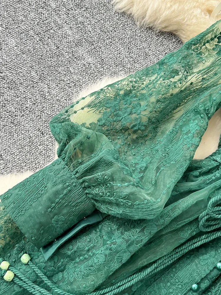 French Lace Embroidery V-Neck Lantern Sleeve Party Dress