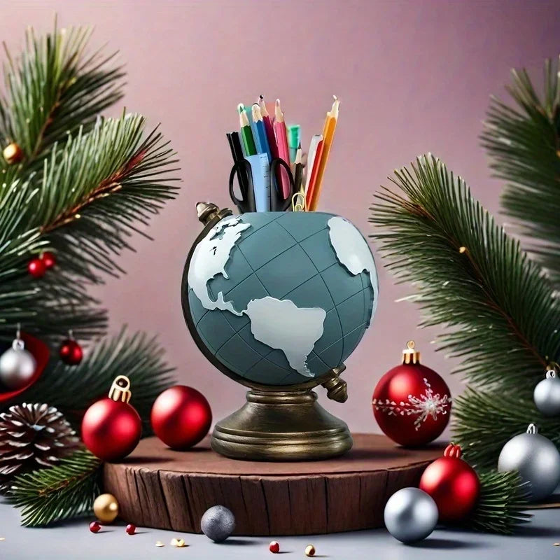 Creative Globe Pen Holder Resin Desk Organizer for Office and Home Decor Unique Geographic Pen and Pencil Storage
