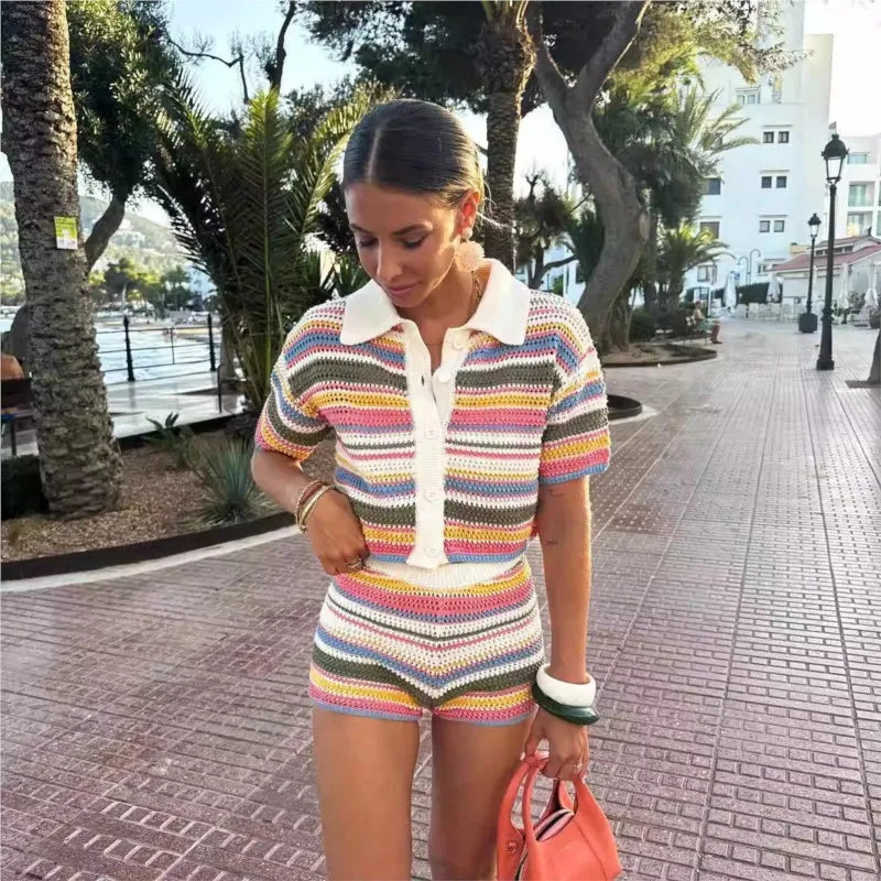 Y2K Crochet Knit Crop Sweater & Shorts Set – Patchwork Stripe