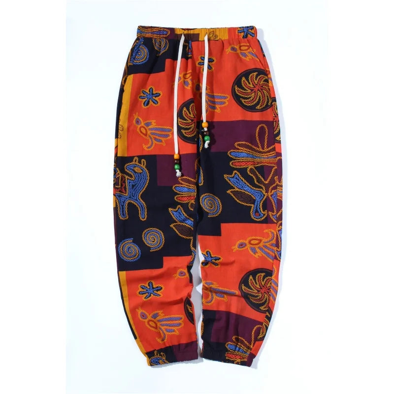 Men's Boho Tribal Print Linen Drawstring Jogger Pants