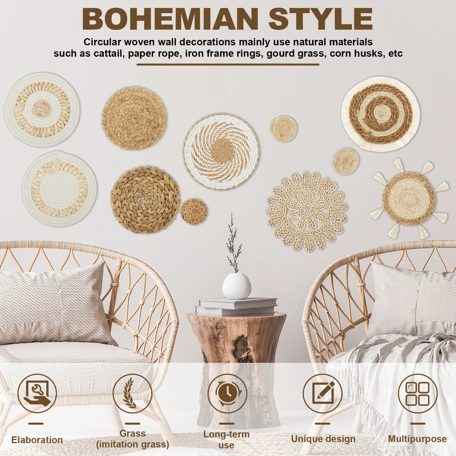 11-Piece Woven Rattan Wall Basket Decor Set