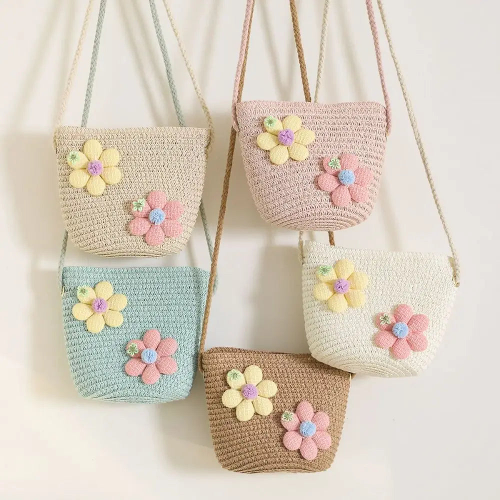 Handmade Woven Girl Flower Straw Bag Coin Purse Zipper Kid Messenger Bags Photo Props Storage Basket Crossbody Handbag