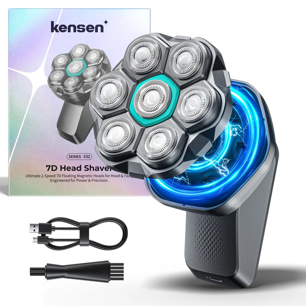 Kensen S32 Electric Head Shaver for Men 7D Floating Cutter USB-C Rechargeable 8100/8500 RPM IPX6 Waterproof Magnetic Head Razor