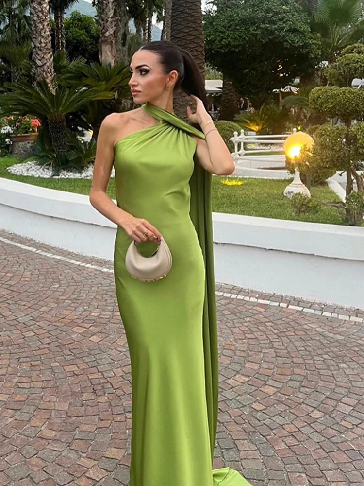 Ribbon Halter Off-Shoulder Backless Slim Maxi Dress
