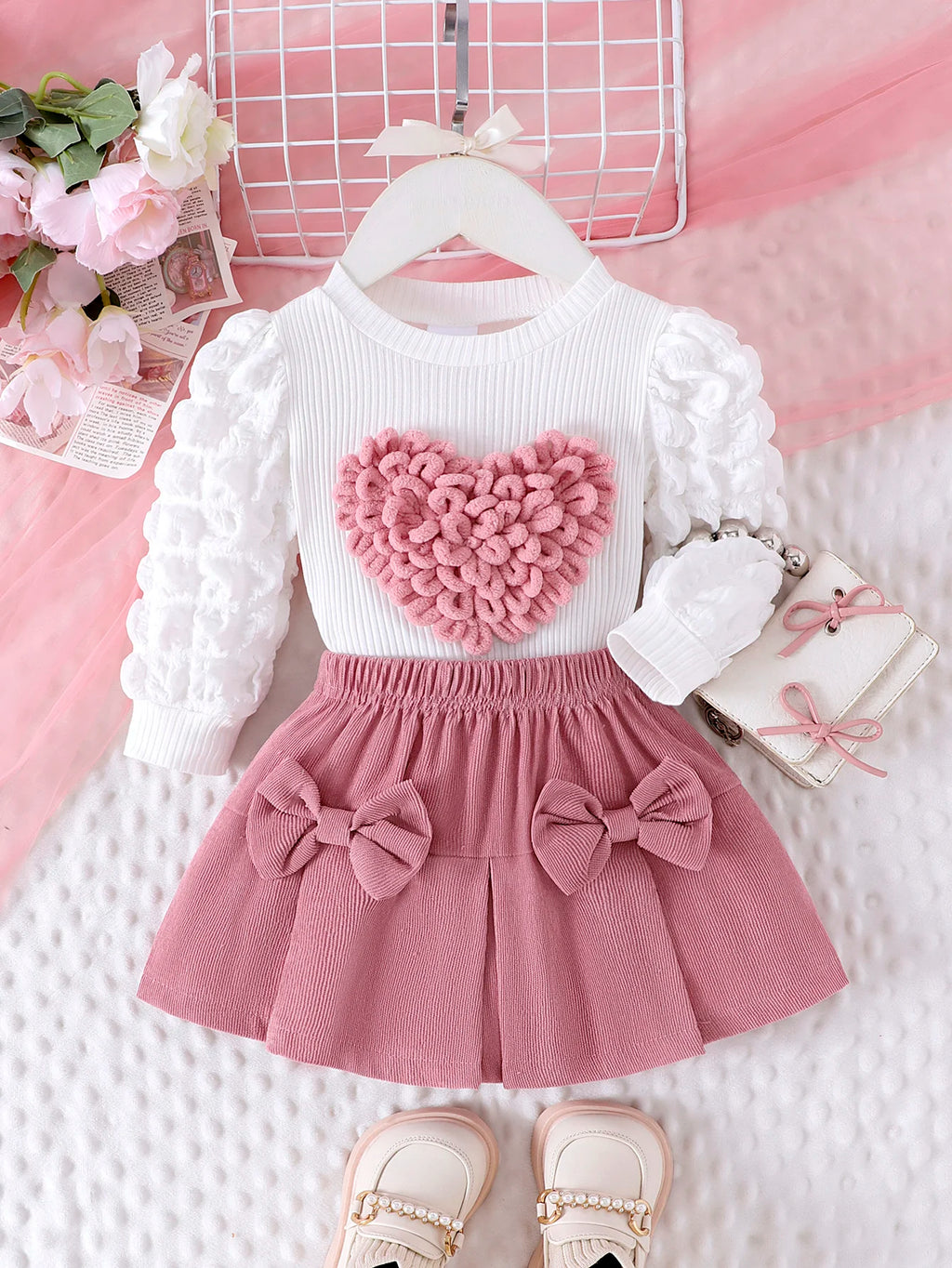 Baby Girls' Bubble Sleeve Heart Top & Skirt Set – 6M–3Y
