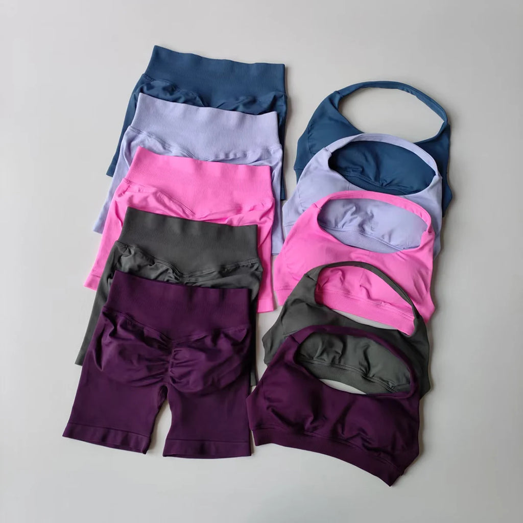 2 Pieces Women's Yoga Suit Seamless Fitness Gym Clothes Halter Sports Bra with Matching Shorts Workout Set Gym Outfit