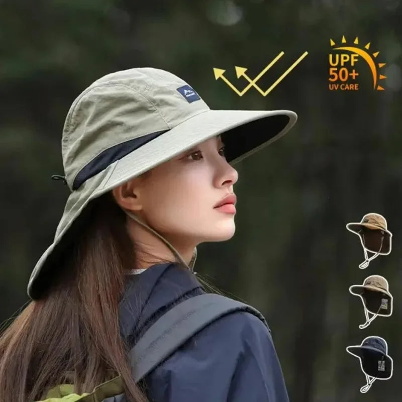 Outdoor Unisex Wide Brim Bucket Hat with Neck Flap Adjustable for Hiking Camping Fishing Wear