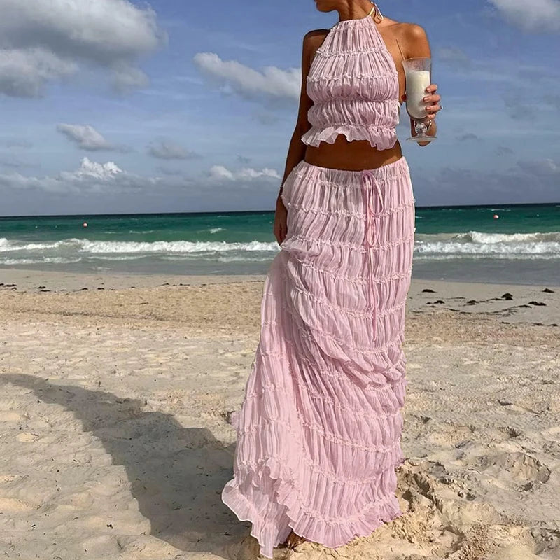 Boho Ruched Halter Cami & Maxi Skirt Set – Backless