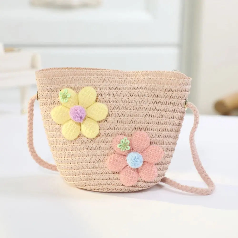 Handmade Woven Girl Flower Straw Bag Coin Purse Zipper Kid Messenger Bags Photo Props Storage Basket Crossbody Handbag