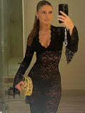 Hugcitar Mesh Floral Print V Neck Long Flare Sleeve Sexy See Through Maxi Dress Spring Women Fashion Clothes Beach Vacation Club
