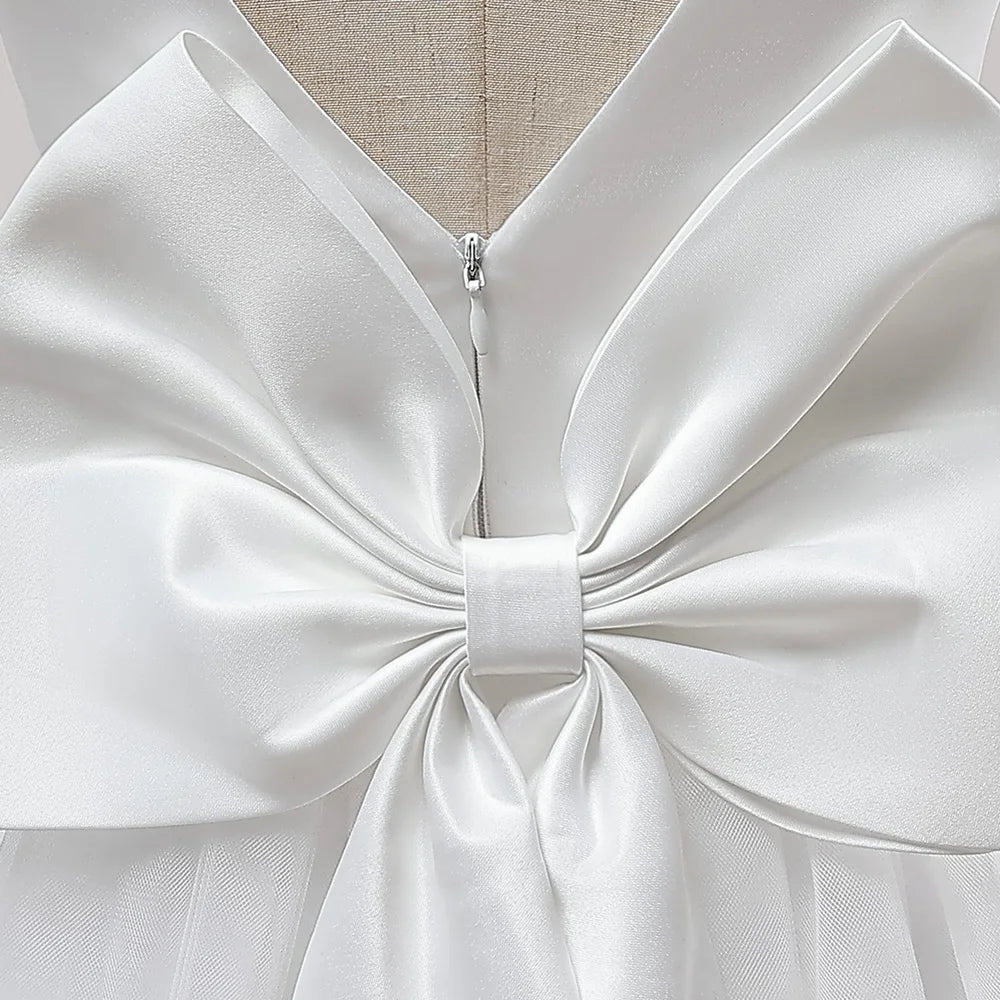 Girl Long White Bridesmaid Dresses For Wedding Prom Gown Big Bow Girls Party Dress Kids First Communiom Formal Evening Vestidos